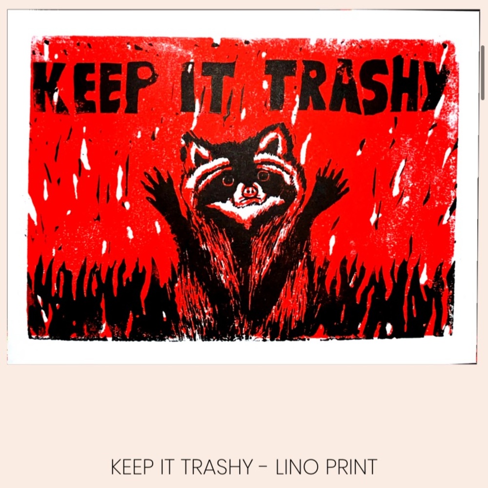 KEEP IT TRASHY Raccoon Lino Art Print for Wall Decor, Cute, funny, one of a kind